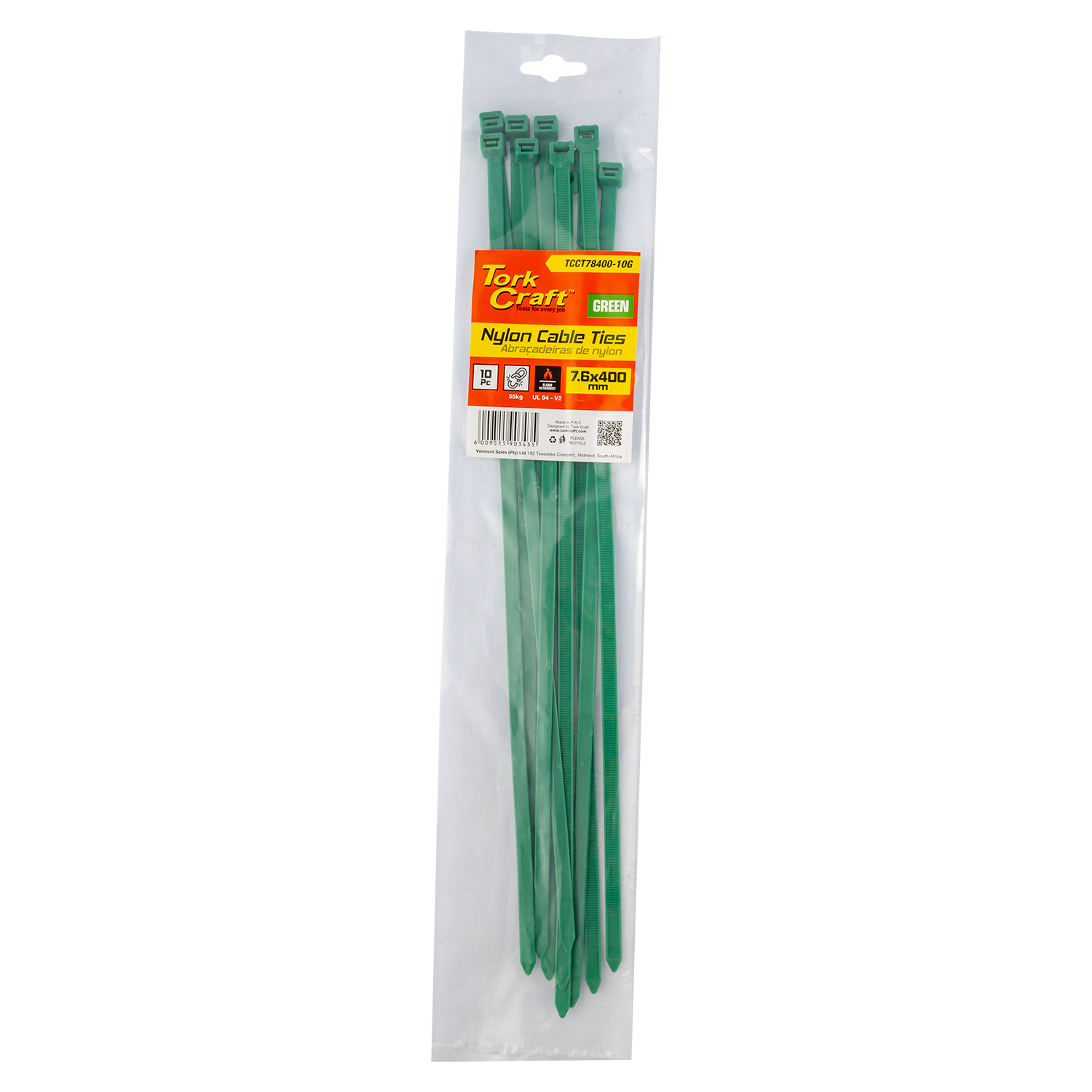 Tork Craft Nylon Cable Ties 7.6Mm X 400Mm Green 10Pc