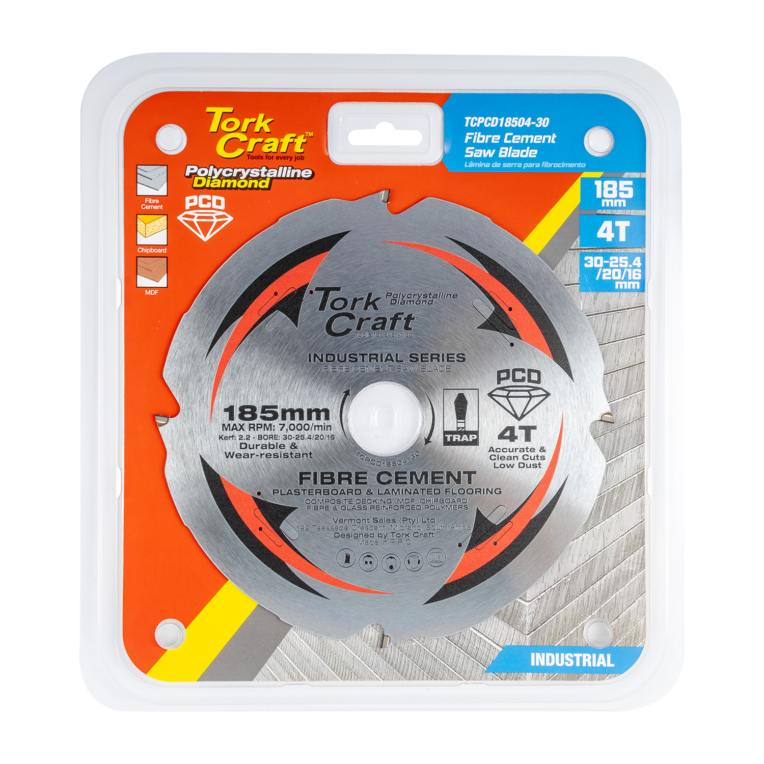 Tork Craft Pcd Saw Blade 185Mm X 4T X 30/20/16Mm Fibre Cem. Mdf Chipboard