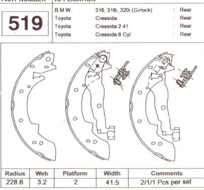 Alfa brake shoe set - rear (228.6X42)