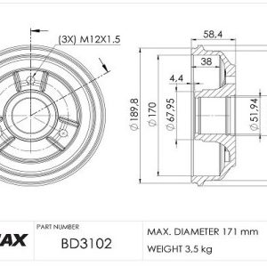 Renault brake drum - rear 170mm ID