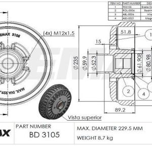 Renault Brake drum - rear (228mm w/ brg/abs)